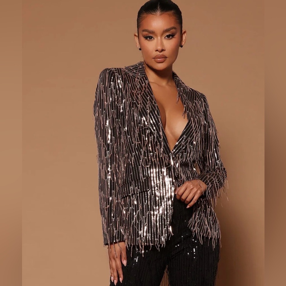 Nova Luxe Rose Gold Black Sequin Fringe Blazer NWT XL